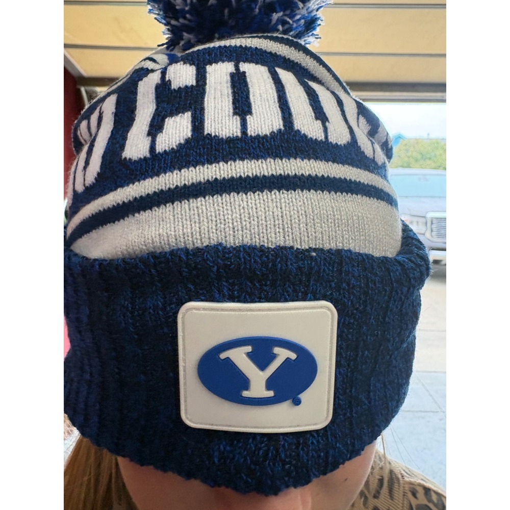 BYU Cougars NCAA Knit Beanie Hat Blue White Pom Pom Cuffed Winter Cap